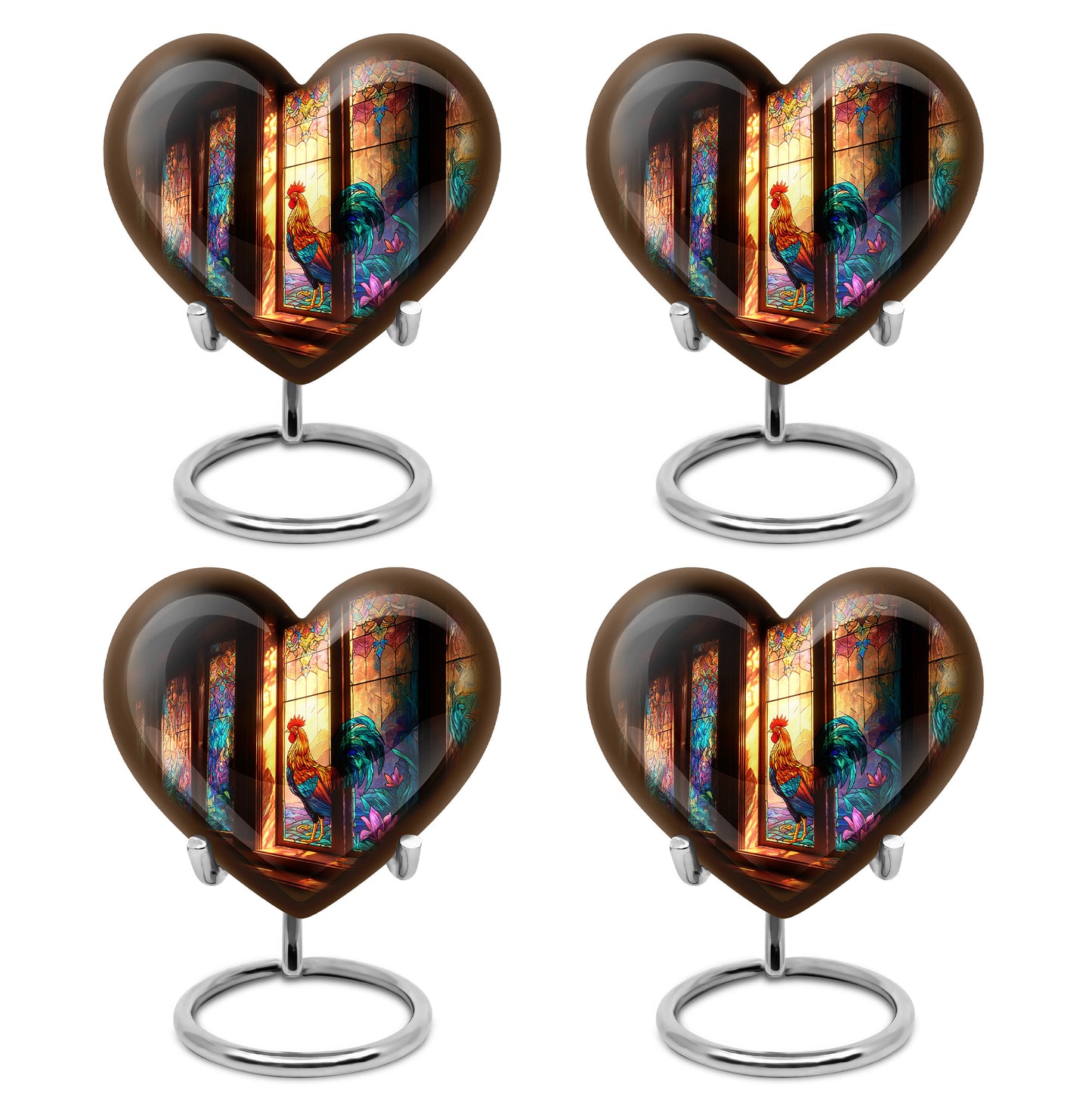Rich Black Hen Cremation Urn angled view of lid and engraved motif - loving heart memorial featuring hen pattern - 10 inch aluminum urn for cremated remains