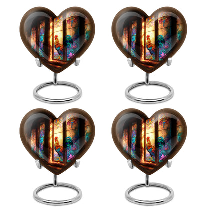 Rich Black Hen Cremation Urn angled view of lid and engraved motif - loving heart memorial featuring hen pattern - 10 inch aluminum urn for cremated remains