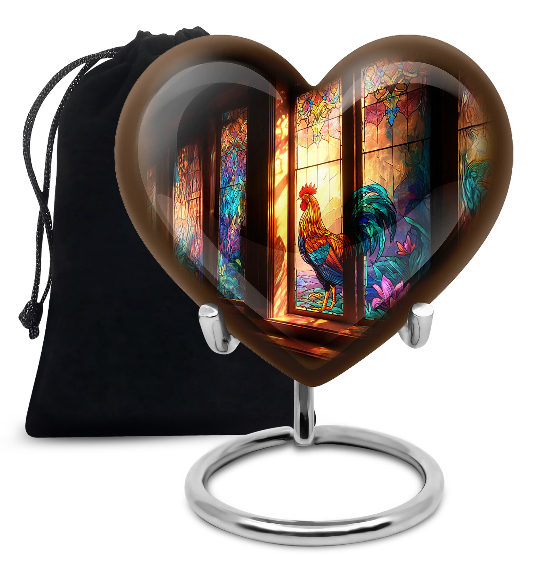 Charcoal Black Hen Cremation Urn detail view - romantic heart urn with hen motif on aluminum - full-size 10 inch 200 cubic inch adult cremation urn