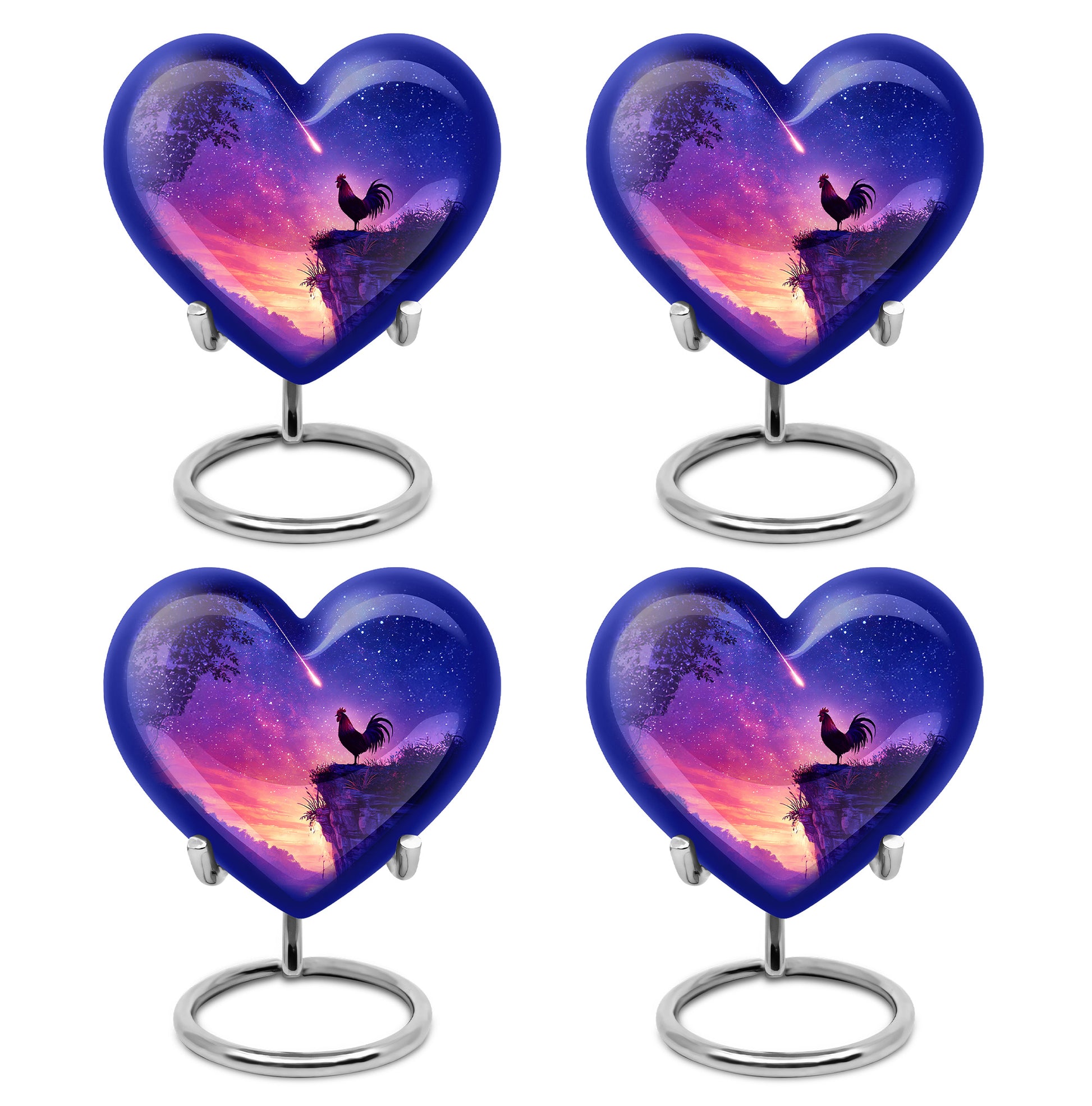 Cornflower Blue Hen Cremation Urn angled view of lid and engraved motif - romantic heart urn with hen motif on aluminum - 10 inch aluminum urn for cremated remains
