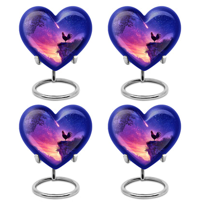 Cornflower Blue Hen Cremation Urn angled view of lid and engraved motif - romantic heart urn with hen motif on aluminum - 10 inch aluminum urn for cremated remains