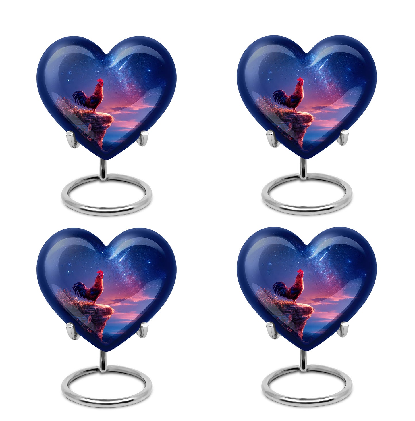 Powder Blue Hen Cremation Urn angled view of lid and engraved motif - heart-shaped hen design symbolizing eternal love - 10 inch aluminum urn for cremated remains
