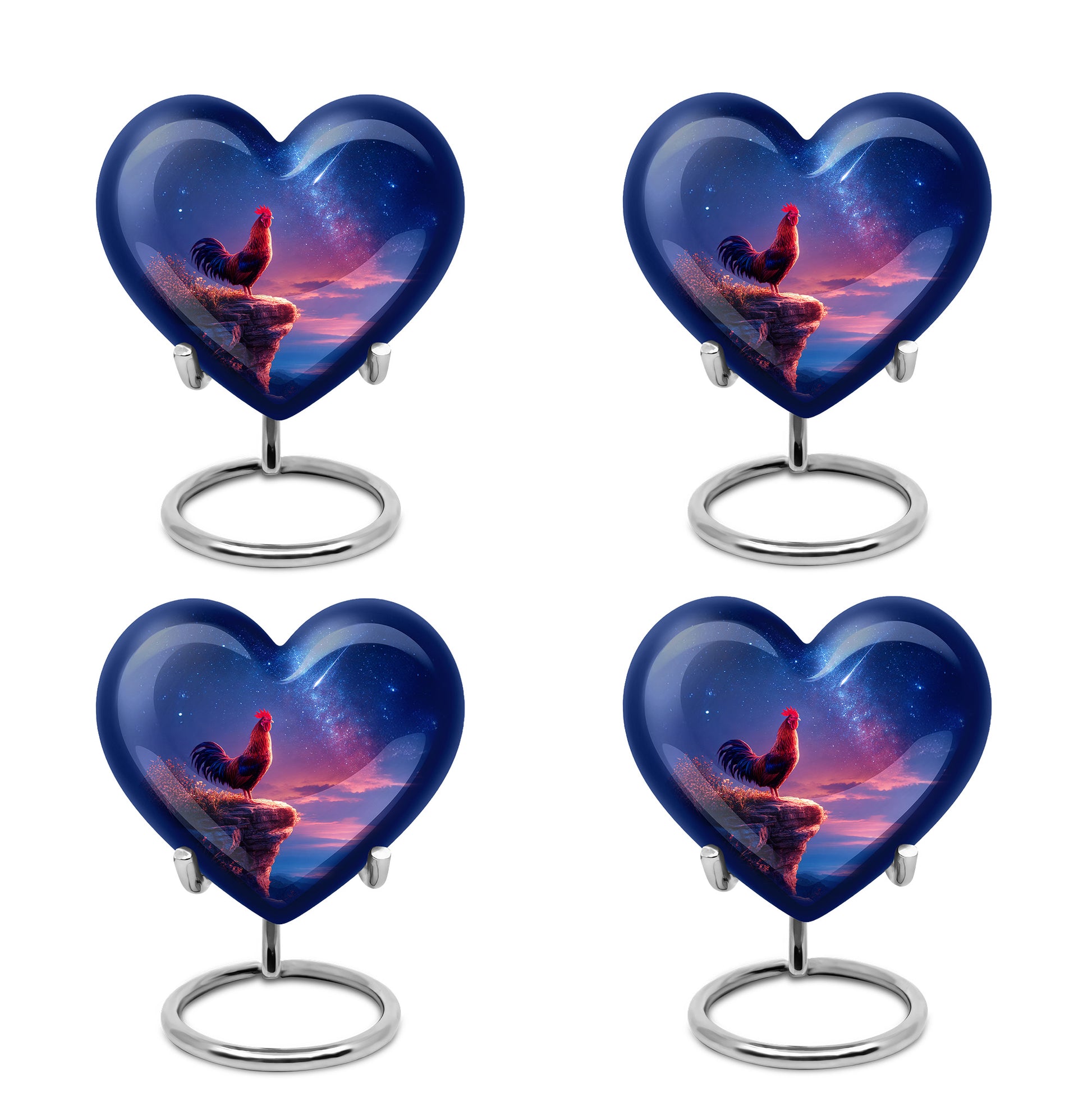 Powder Blue Hen Cremation Urn angled view of lid and engraved motif - heart-shaped hen design symbolizing eternal love - 10 inch aluminum urn for cremated remains