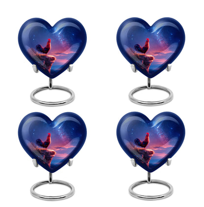 Powder Blue Hen Cremation Urn angled view of lid and engraved motif - heart-shaped hen design symbolizing eternal love - 10 inch aluminum urn for cremated remains