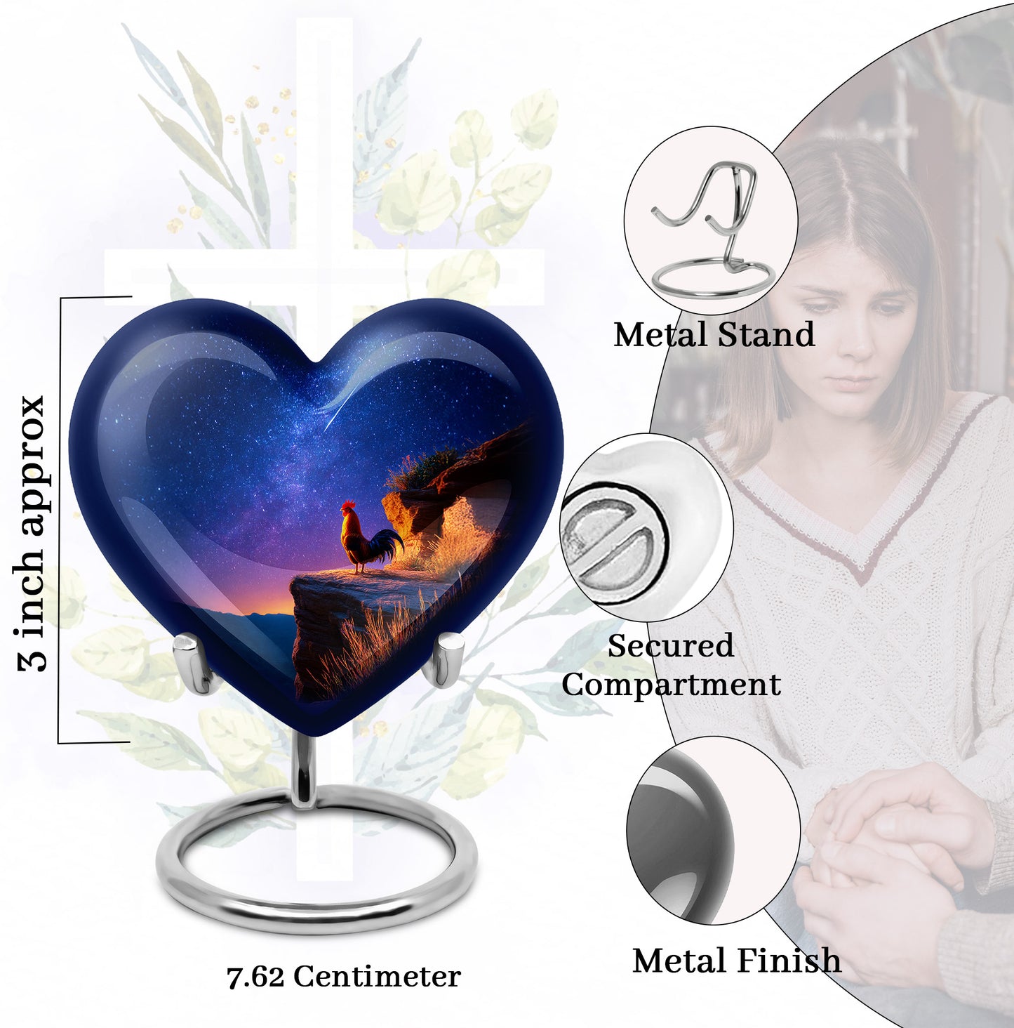Vivid Blue Hen Cremation Urn front view showing detailed design - romantic heart urn with hen motif on aluminum - mini keepsake memorial for portion of cremation ashes
