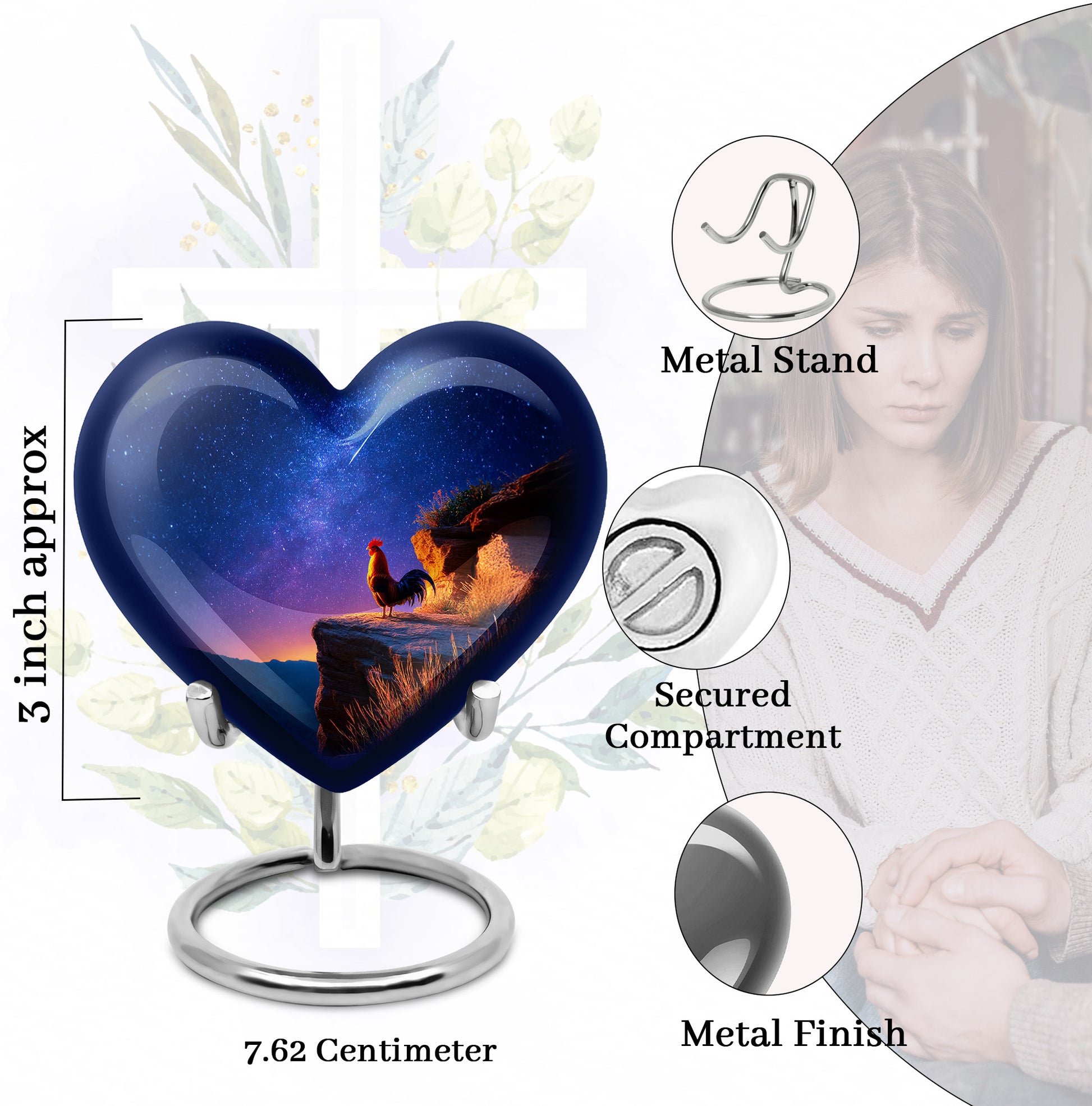 Vivid Blue Hen Cremation Urn front view showing detailed design - romantic heart urn with hen motif on aluminum - mini keepsake memorial for portion of cremation ashes