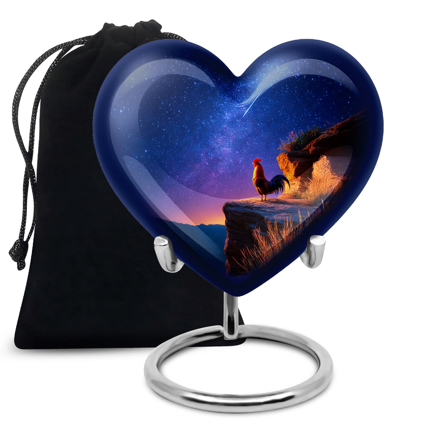 Calming Blue Hen Cremation Urn detail view - romantic heart urn with hen motif on aluminum - full-size 10 inch 200 cubic inch adult cremation urn