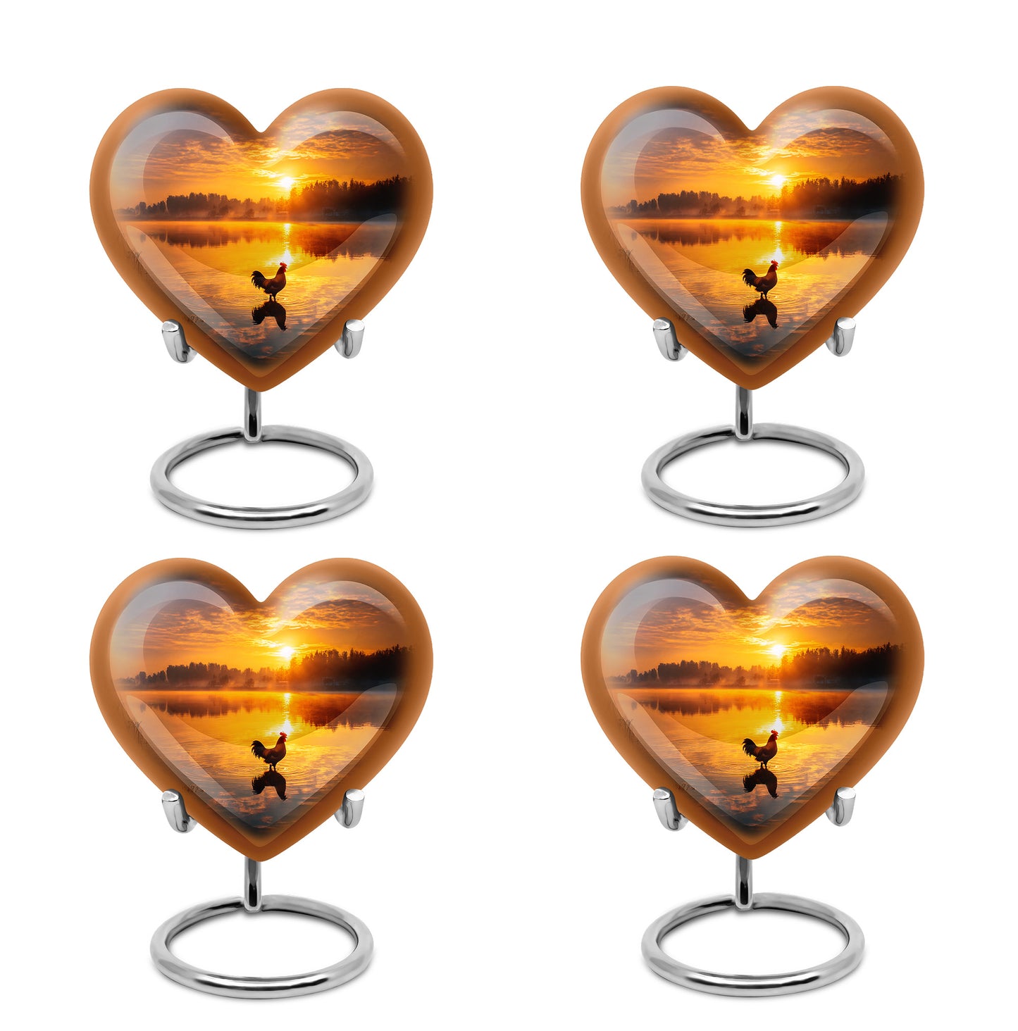 Glossy Black Hen Cremation Urn angled view of lid and engraved motif - heart-shaped hen design symbolizing eternal love - 10 inch aluminum urn for cremated remains