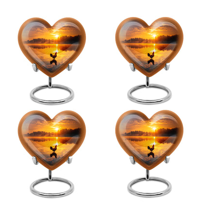 Glossy Black Hen Cremation Urn angled view of lid and engraved motif - heart-shaped hen design symbolizing eternal love - 10 inch aluminum urn for cremated remains