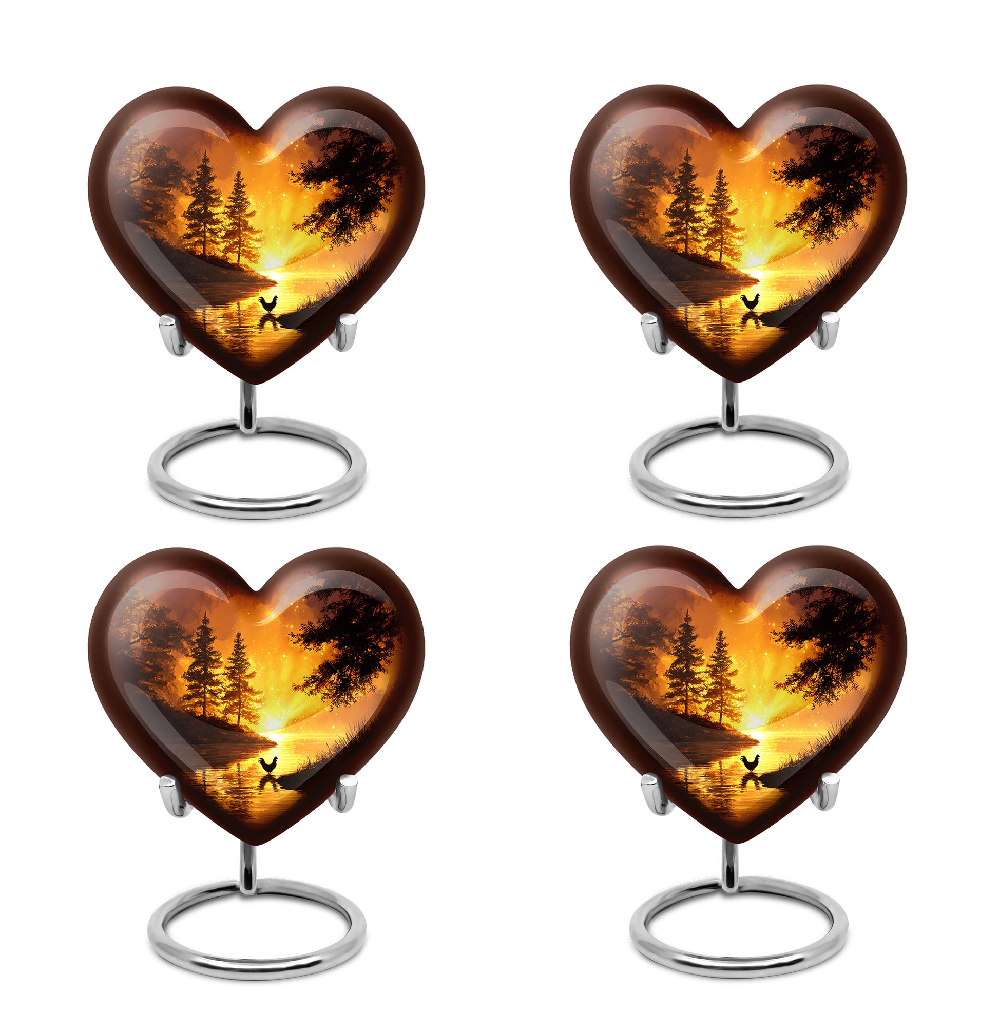 Garnet Red Hen Cremation Urn angled view of lid and engraved motif - loving heart memorial featuring hen pattern - 10 inch aluminum urn for cremated remains