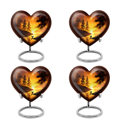 Garnet Red Hen Cremation Urn angled view of lid and engraved motif - loving heart memorial featuring hen pattern - 10 inch aluminum urn for cremated remains