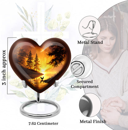 Ruby Red Hen Cremation Urn front view showing detailed design - romantic heart urn with hen motif on aluminum - mini keepsake memorial for portion of cremation ashes