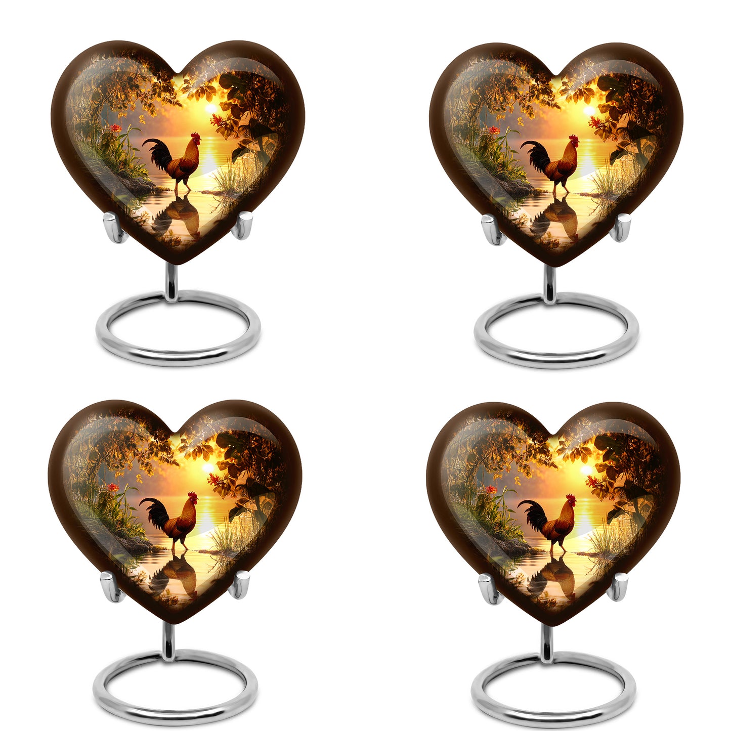 Amber Gold Hen Cremation Urn angled view of lid and engraved motif - loving heart memorial featuring hen pattern - 10 inch aluminum urn for cremated remains