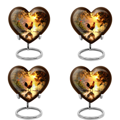 Amber Gold Hen Cremation Urn angled view of lid and engraved motif - loving heart memorial featuring hen pattern - 10 inch aluminum urn for cremated remains
