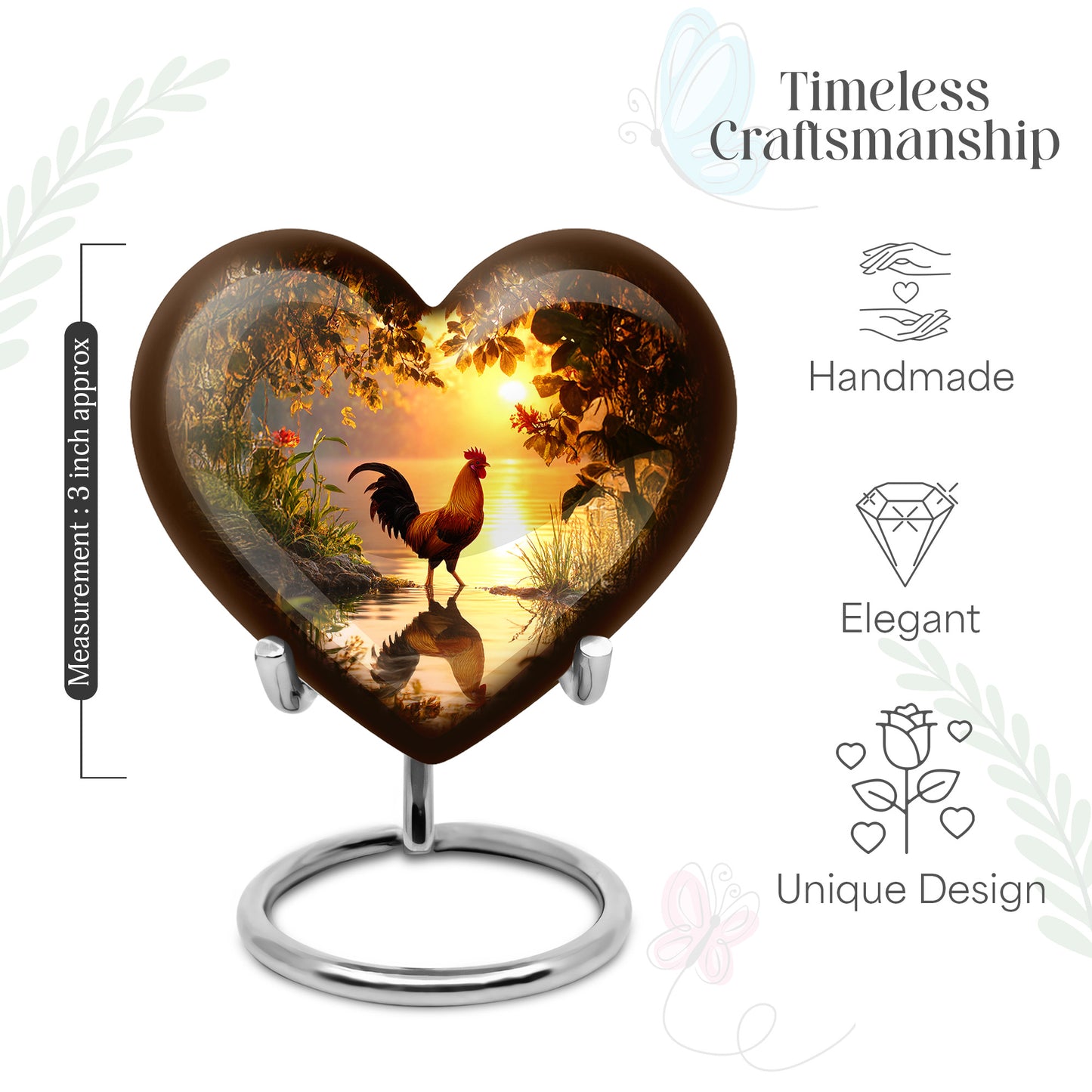 Harvest Gold Hen Cremation Urn front view showing detailed design - romantic heart urn with hen motif on aluminum - mini keepsake memorial for portion of cremation ashes