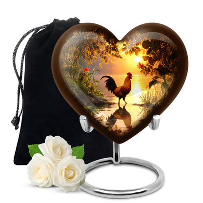 Royal Gold Hen Cremation Urn detail view - romantic heart urn with hen motif on aluminum - full-size 10 inch 200 cubic inch adult cremation urn