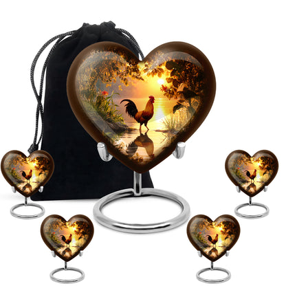 Harvest Gold Hen Cremation Urn close-up of engraving and surface detail - romantic heart urn with hen motif on aluminum - memorial set with one large and four small urns