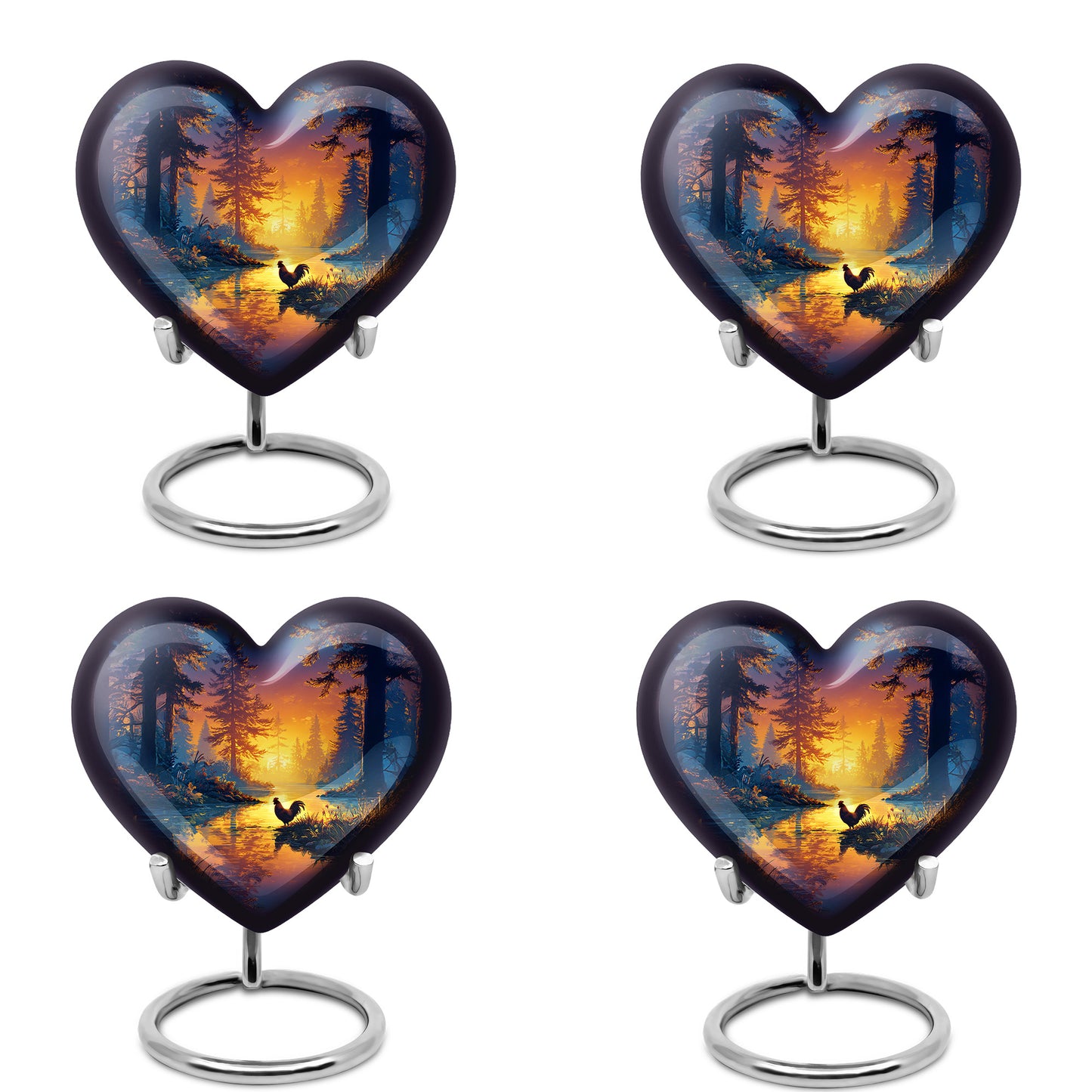 Icy Blue Hen Cremation Urn angled view of lid and engraved motif - loving heart memorial featuring hen pattern - 10 inch aluminum urn for cremated remains
