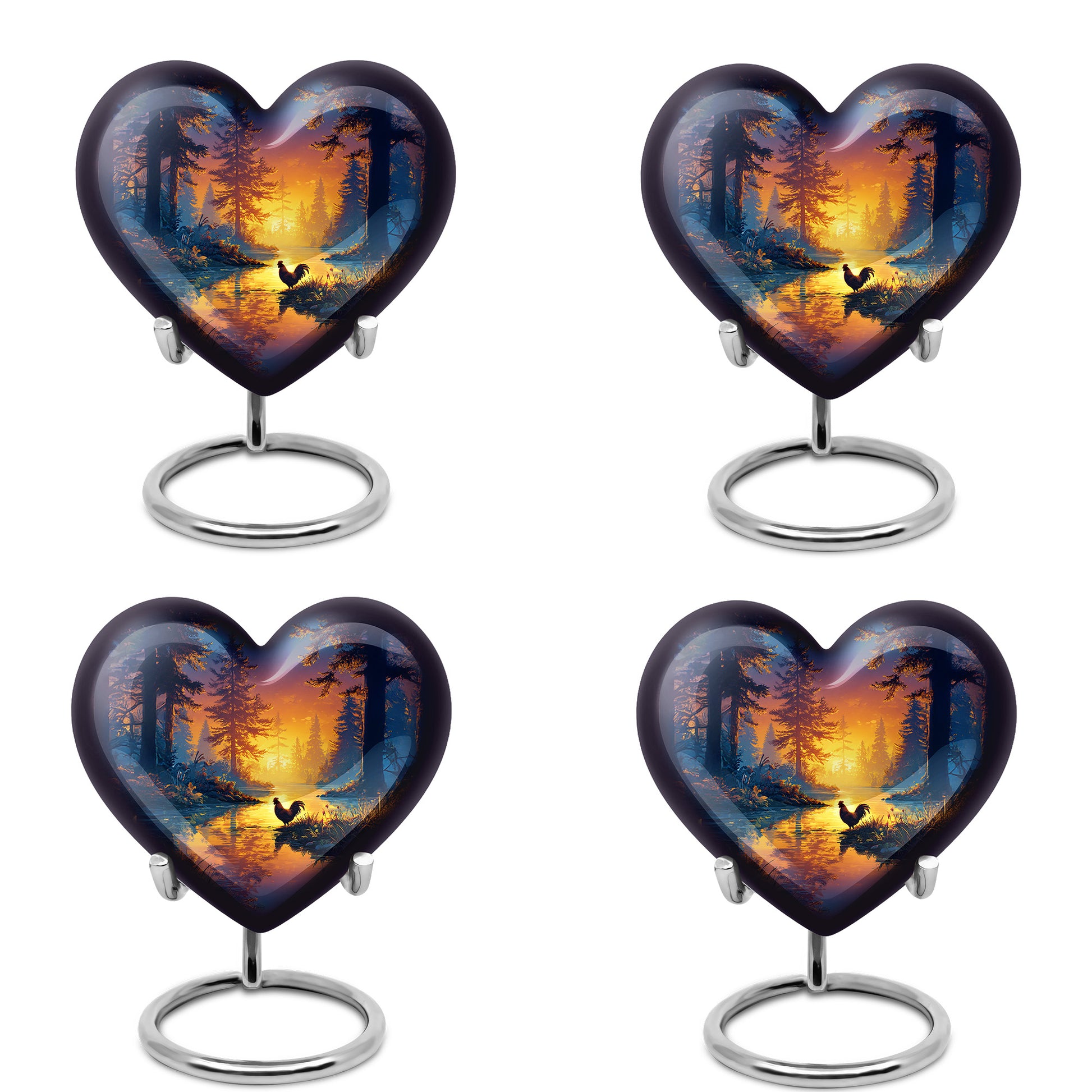 Icy Blue Hen Cremation Urn angled view of lid and engraved motif - loving heart memorial featuring hen pattern - 10 inch aluminum urn for cremated remains