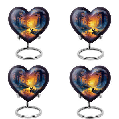 Icy Blue Hen Cremation Urn angled view of lid and engraved motif - loving heart memorial featuring hen pattern - 10 inch aluminum urn for cremated remains