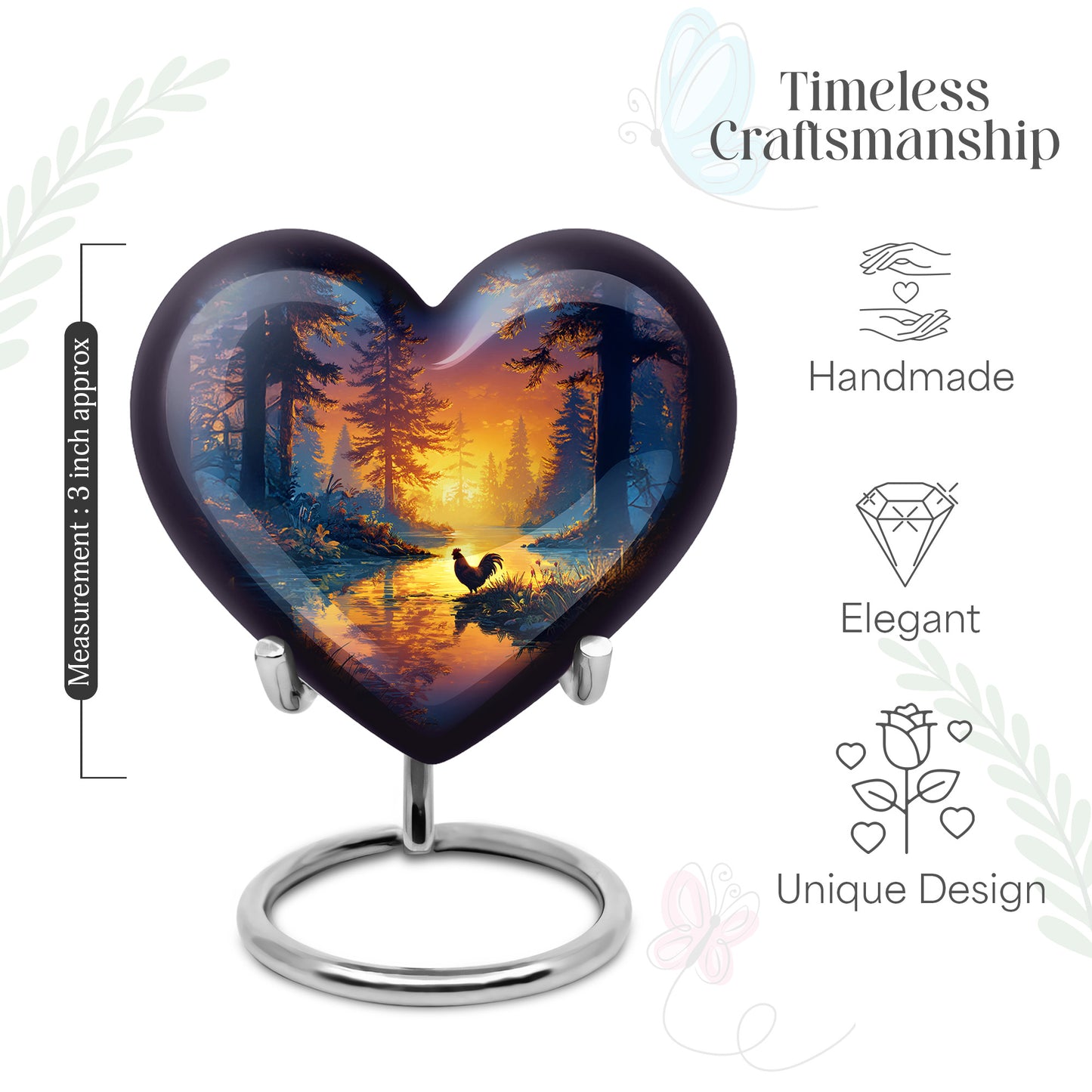 Cobalt Blue Hen Cremation Urn front view showing detailed design - romantic heart urn with hen motif on aluminum - mini keepsake memorial for portion of cremation ashes