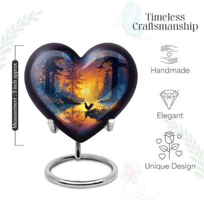 Cobalt Blue Hen Cremation Urn front view showing detailed design - romantic heart urn with hen motif on aluminum - mini keepsake memorial for portion of cremation ashes