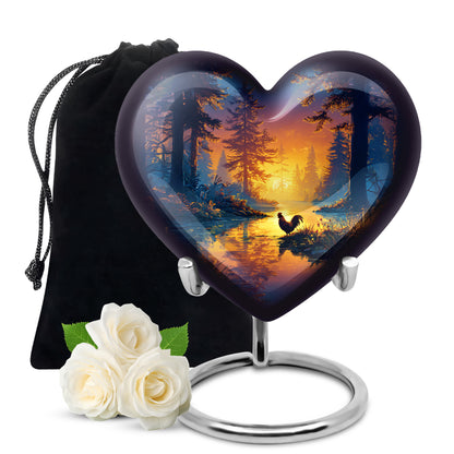 Vivid Blue Hen Cremation Urn detail view - romantic heart urn with hen motif on aluminum - full-size 10 inch 200 cubic inch adult cremation urn
