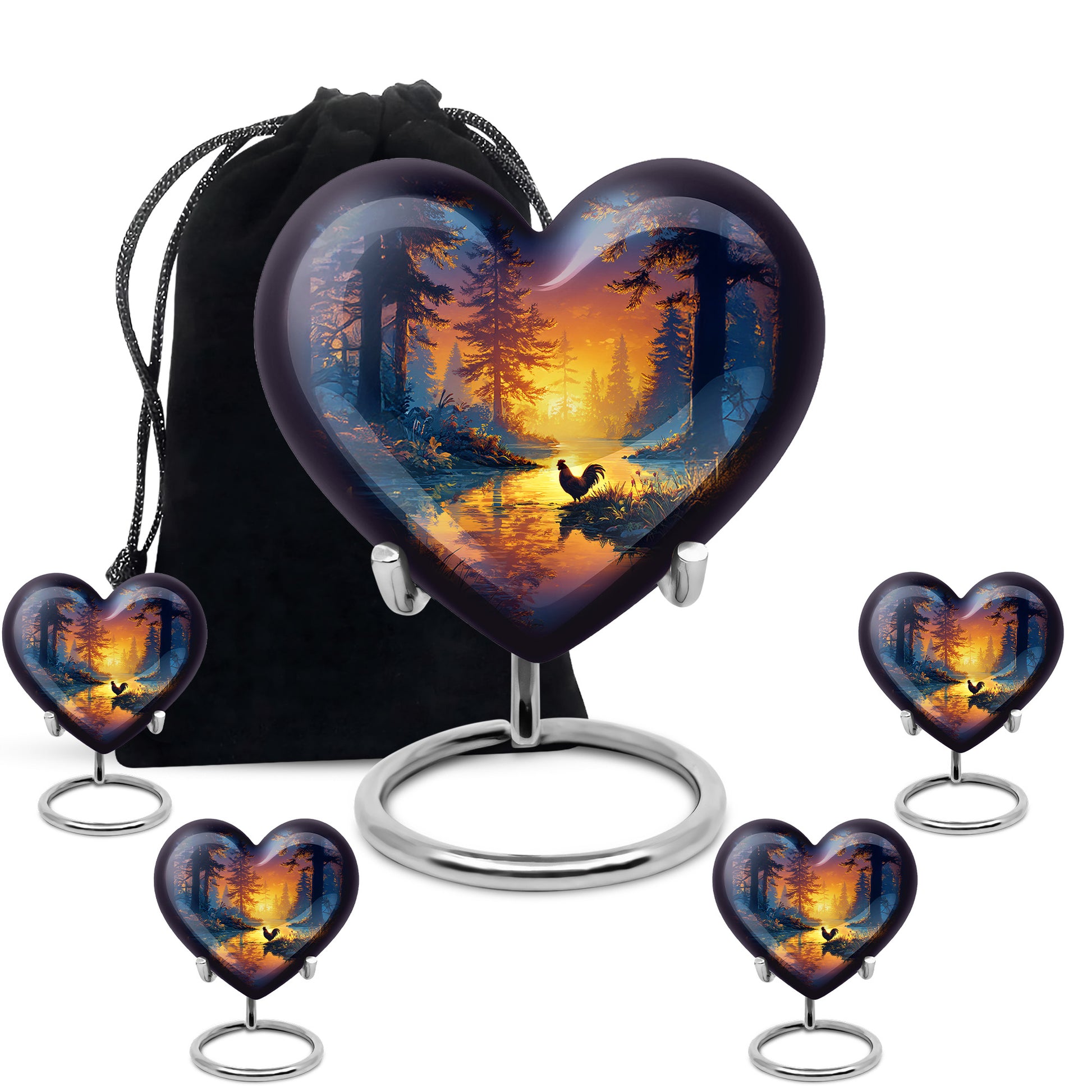 Cornflower Blue Hen Cremation Urn close-up of engraving and surface detail - romantic heart urn with hen motif on aluminum - memorial set with one large and four small urns