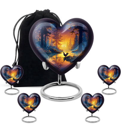 Cornflower Blue Hen Cremation Urn close-up of engraving and surface detail - romantic heart urn with hen motif on aluminum - memorial set with one large and four small urns