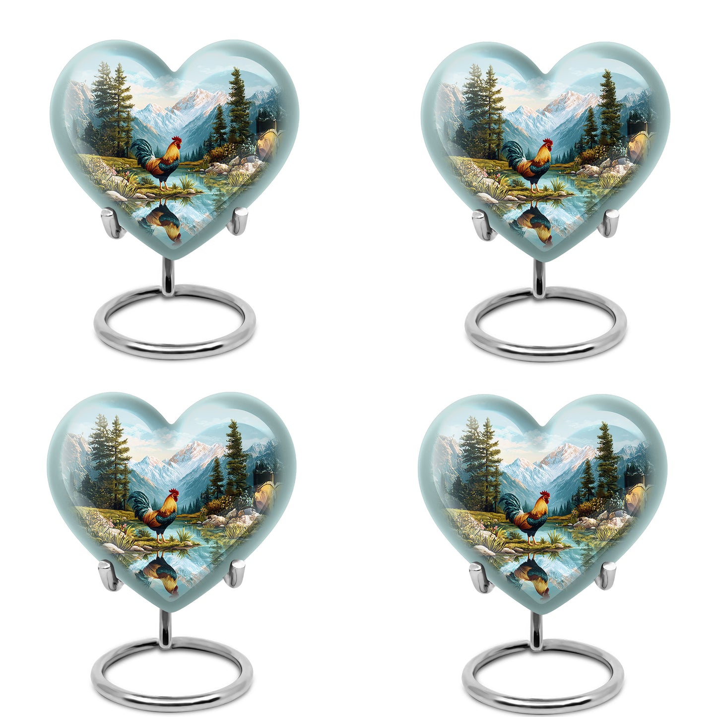Ocean Teal Hen Cremation Urn angled view of lid and engraved motif - heart-shaped hen design symbolizing eternal love - 10 inch aluminum urn for cremated remains
