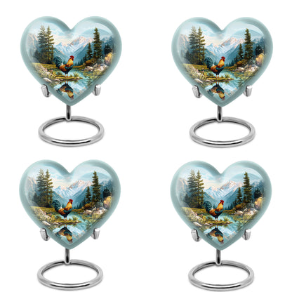 Ocean Teal Hen Cremation Urn angled view of lid and engraved motif - heart-shaped hen design symbolizing eternal love - 10 inch aluminum urn for cremated remains