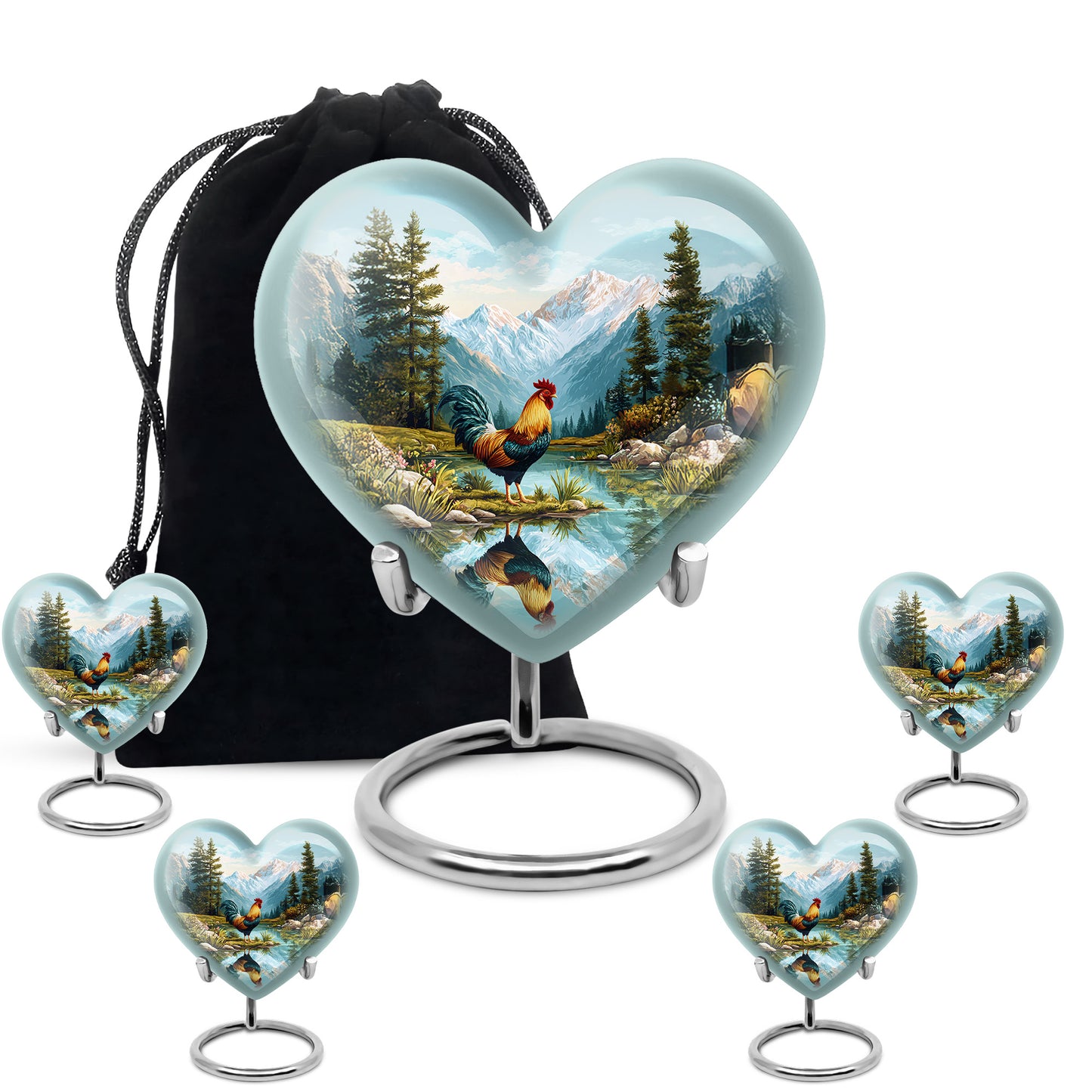 Ocean Teal Hen Cremation Urn close-up of engraving and surface detail - heart-shaped hen design symbolizing eternal love - memorial set with one large and four small urns