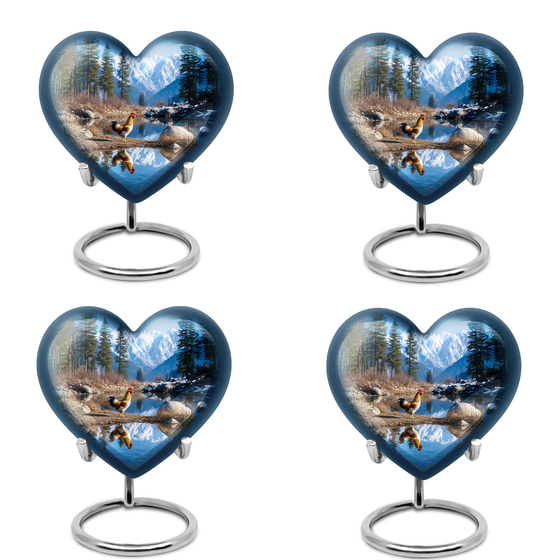 Dusty Blue Hen Cremation Urn angled view of lid and engraved motif - heart-shaped hen design symbolizing eternal love - 10 inch aluminum urn for cremated remains