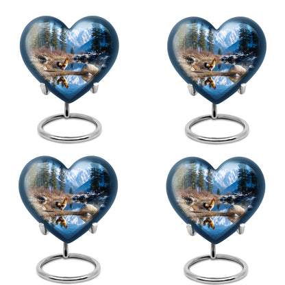 Dusty Blue Hen Cremation Urn angled view of lid and engraved motif - heart-shaped hen design symbolizing eternal love - 10 inch aluminum urn for cremated remains