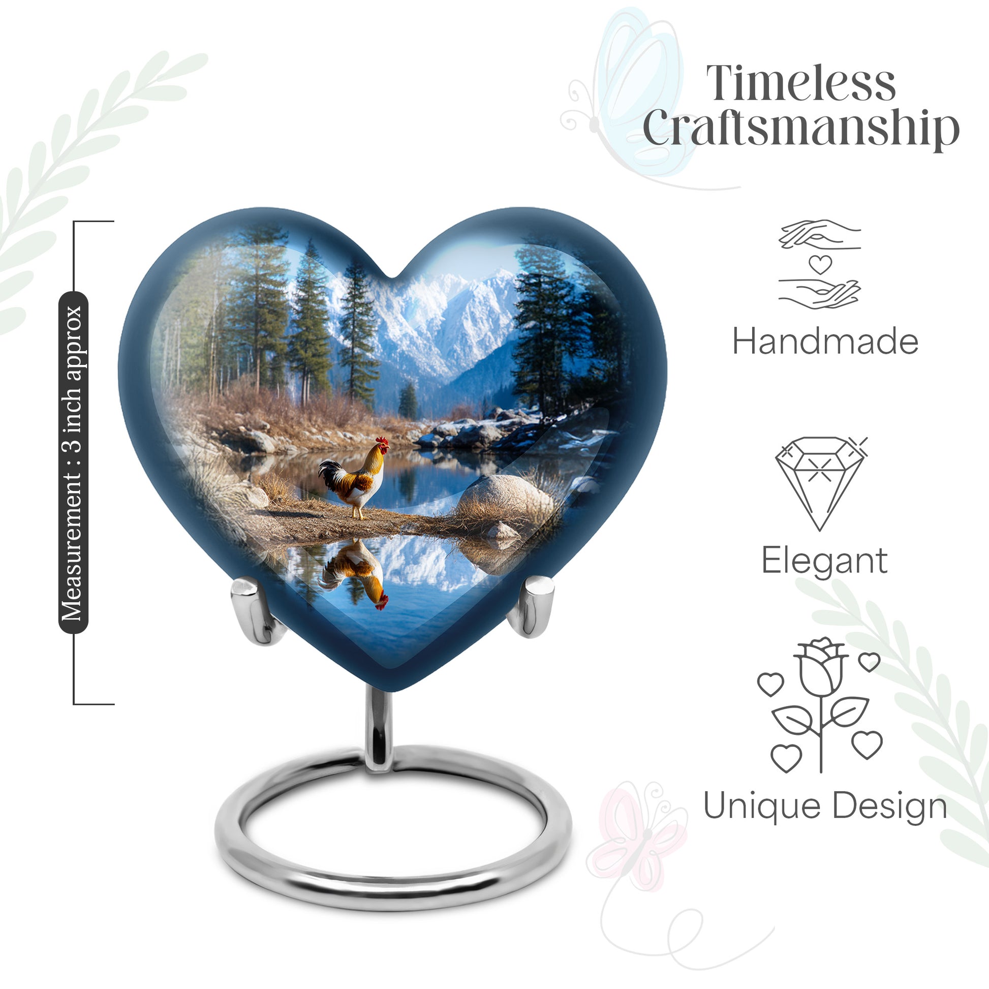 Icy Blue Hen Cremation Urn front view showing detailed design - loving heart memorial featuring hen pattern - mini keepsake memorial for portion of cremation ashes