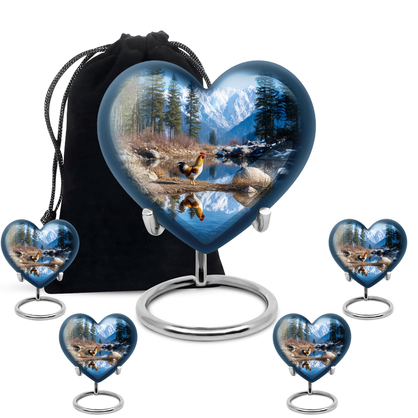 Sky Blue Hen Cremation Urn close-up of engraving and surface detail - heart-shaped hen design symbolizing eternal love - memorial set with one large and four small urns