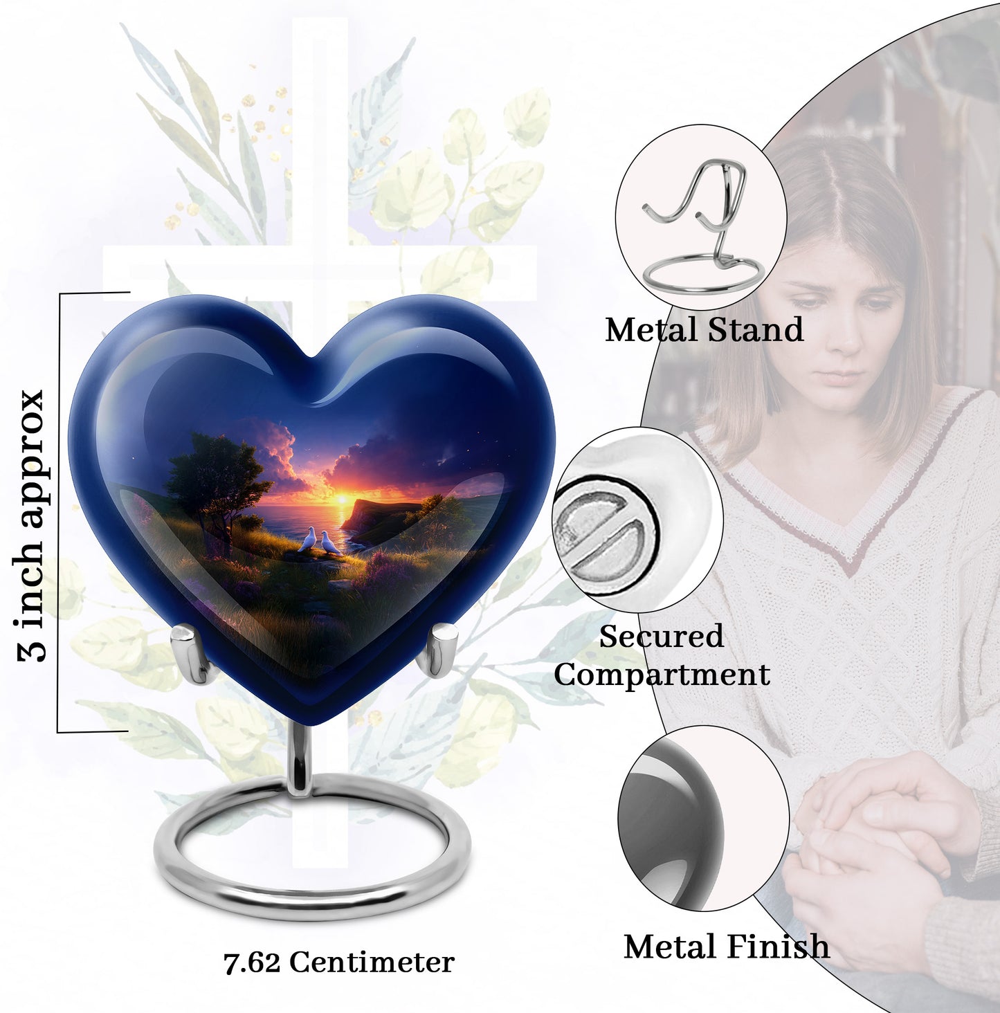 Vintage Pink Dove Cremation Urn front view showing detailed design - romantic heart urn with dove motif on aluminum - mini keepsake memorial for portion of cremation ashes
