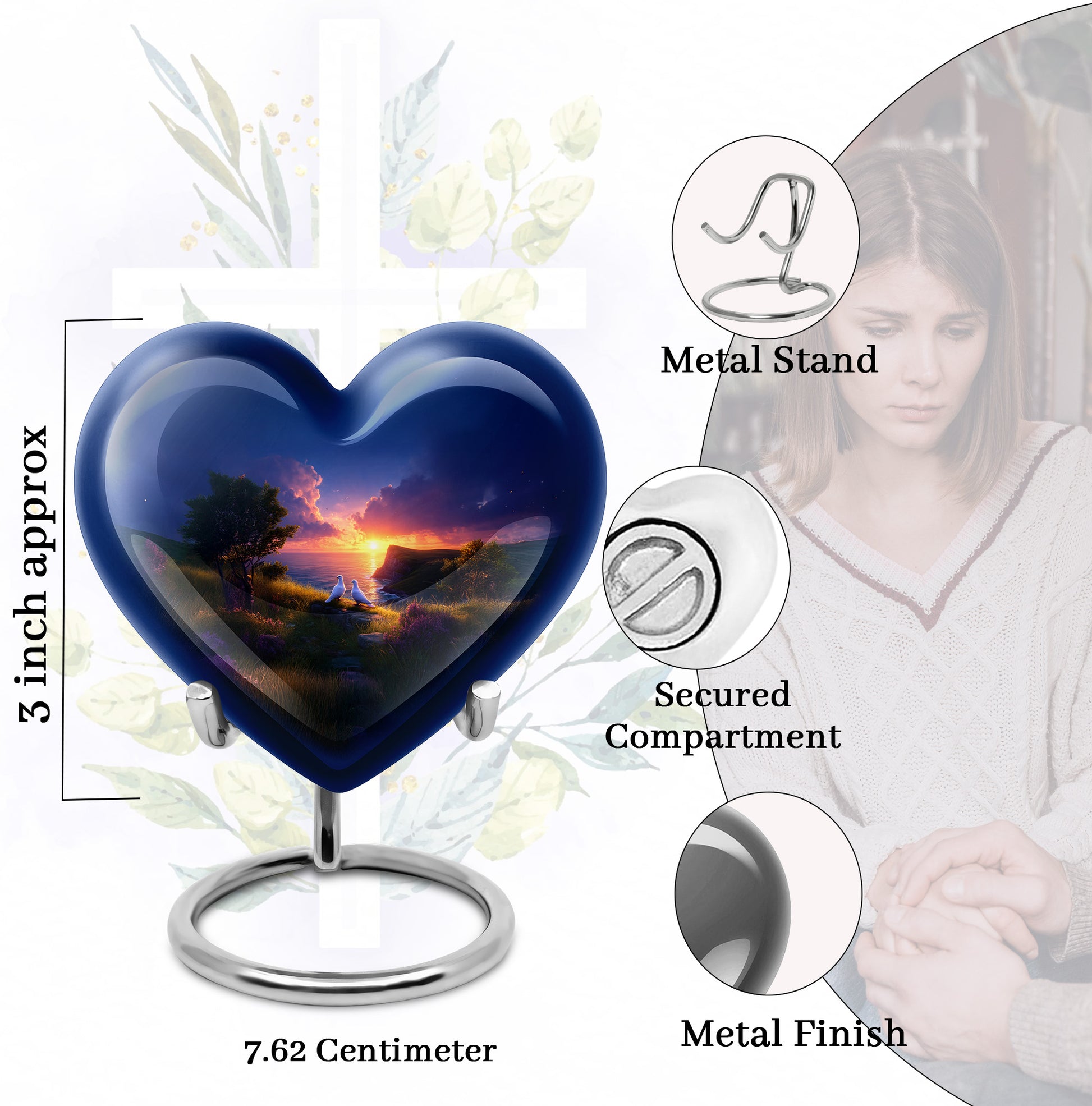 Vintage Pink Dove Cremation Urn front view showing detailed design - romantic heart urn with dove motif on aluminum - mini keepsake memorial for portion of cremation ashes