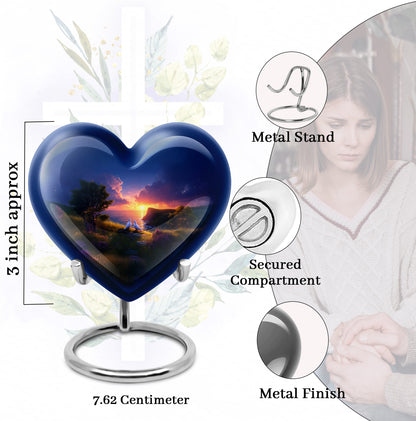 Vintage Pink Dove Cremation Urn front view showing detailed design - romantic heart urn with dove motif on aluminum - mini keepsake memorial for portion of cremation ashes