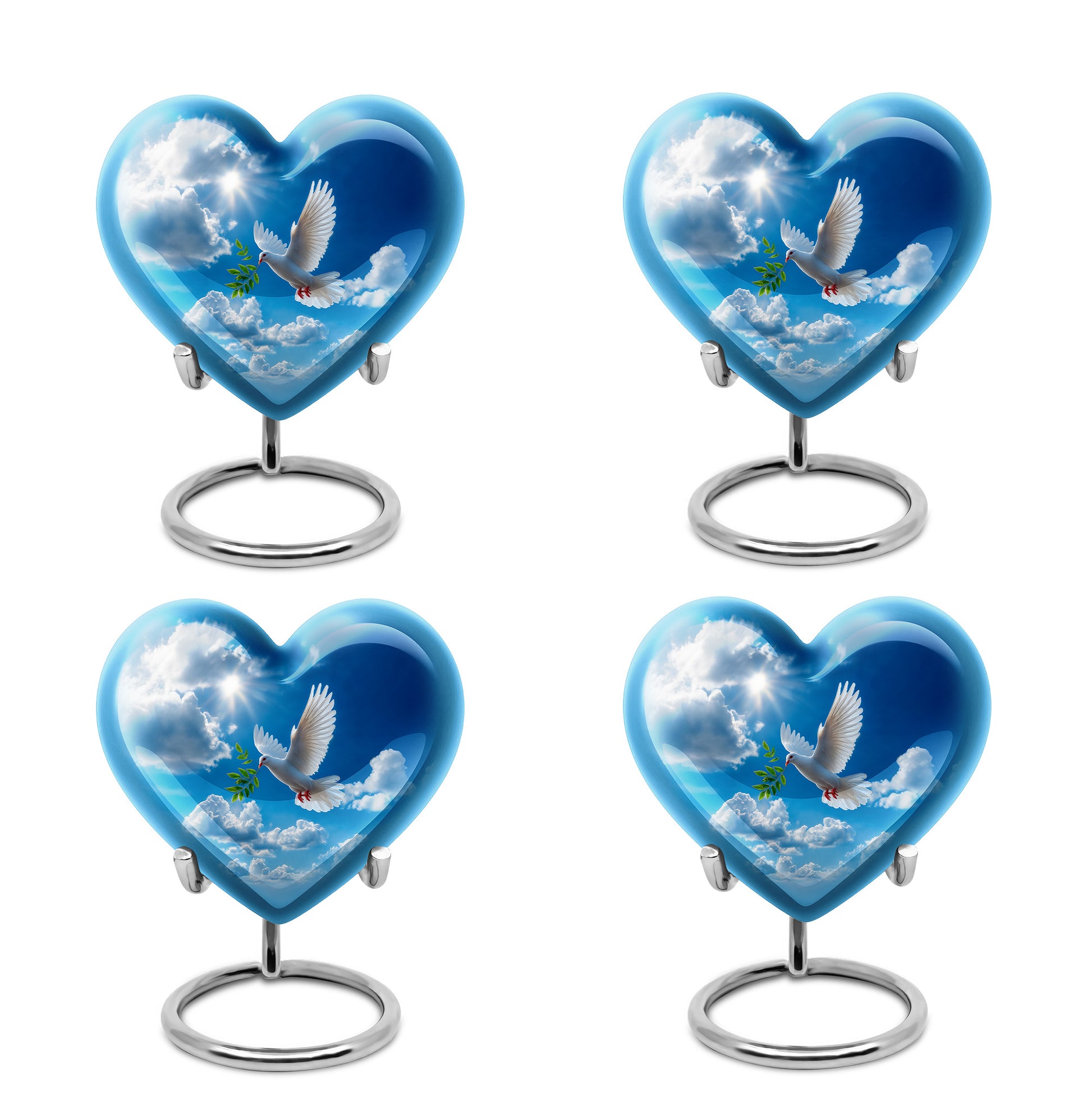 Bright Blue Dove Cremation Urn angled view of lid and engraved motif - romantic heart urn with dove motif on aluminum - 10 inch aluminum urn for cremated remains