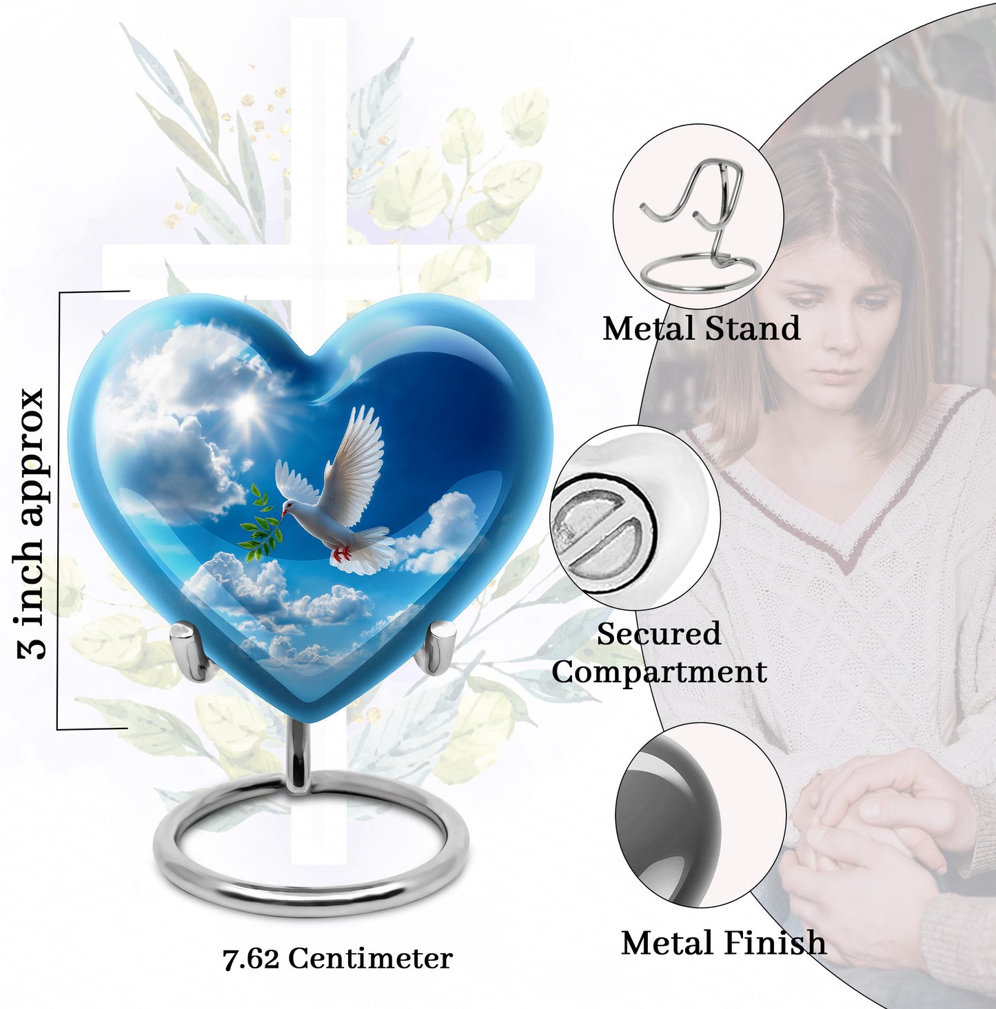 Bright Blue Dove Cremation Urn front view showing detailed design - compassionate heart-dove combination with gentle curves - mini keepsake memorial for portion of cremation ashes