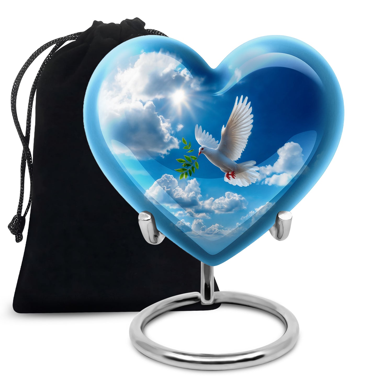 Vivid Blue Dove Cremation Urn detail view - romantic heart urn with dove motif on aluminum - full-size 10 inch 200 cubic inch adult cremation urn