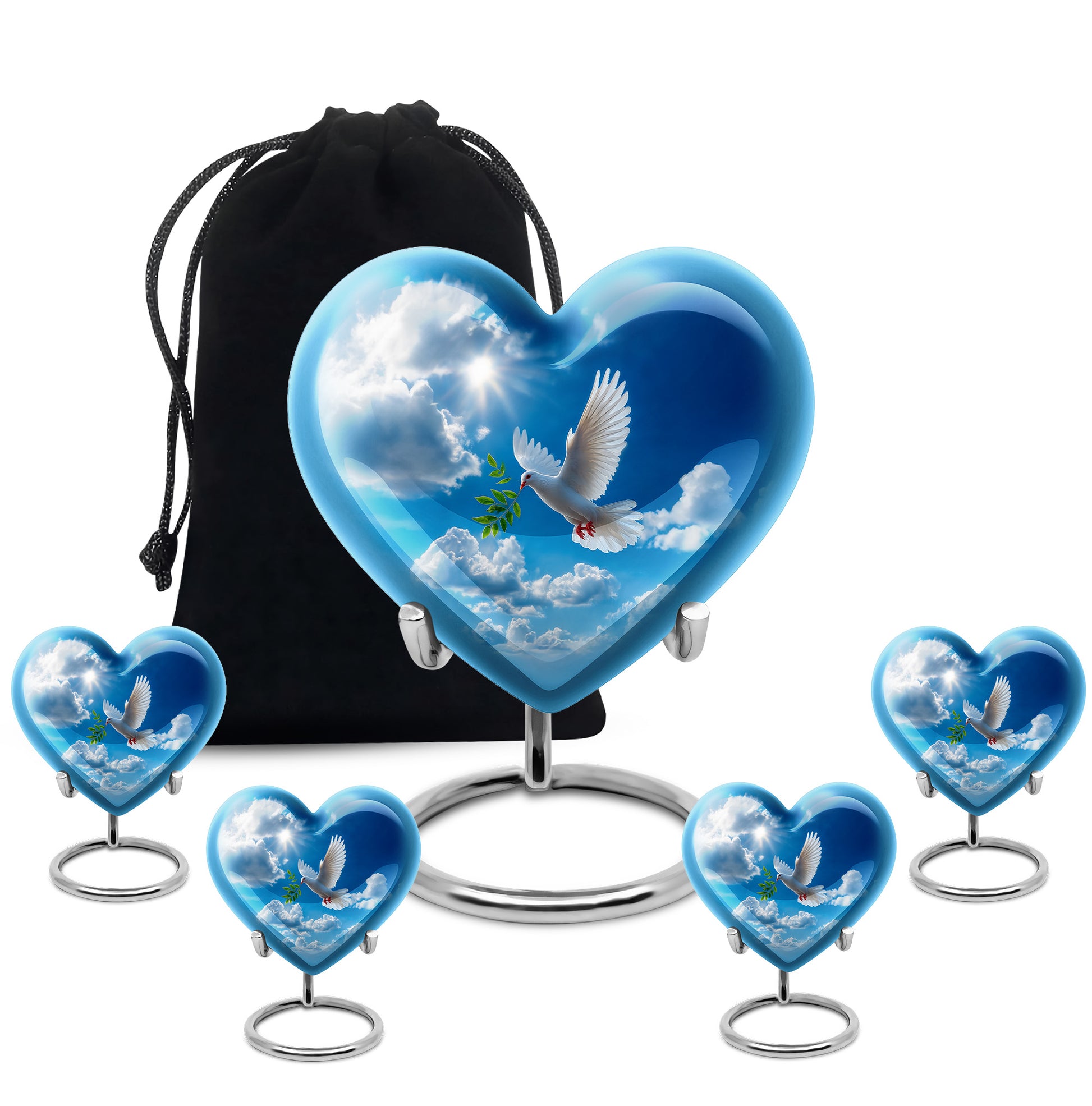 Steel Blue Dove Cremation Urn close-up of engraving and surface detail - compassionate heart-dove combination with gentle curves - memorial set with one large and four small urns