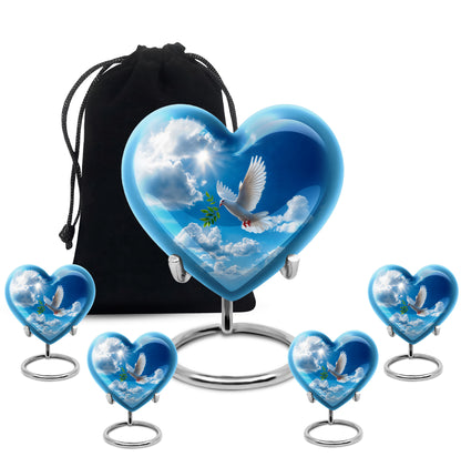 Steel Blue Dove Cremation Urn close-up of engraving and surface detail - compassionate heart-dove combination with gentle curves - memorial set with one large and four small urns