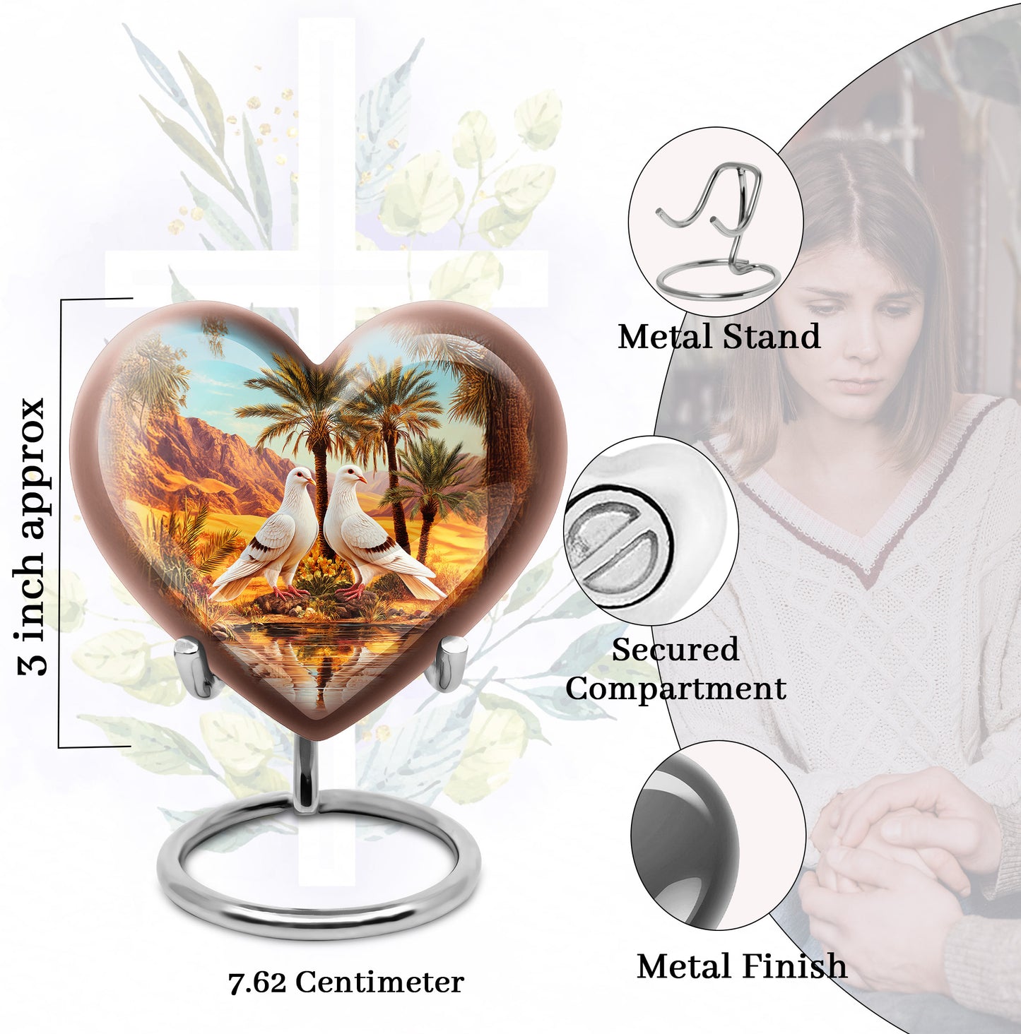 Cool Teal Dove Cremation Urn front view showing detailed design - heart-shaped dove design symbolizing eternal love - mini keepsake memorial for portion of cremation ashes