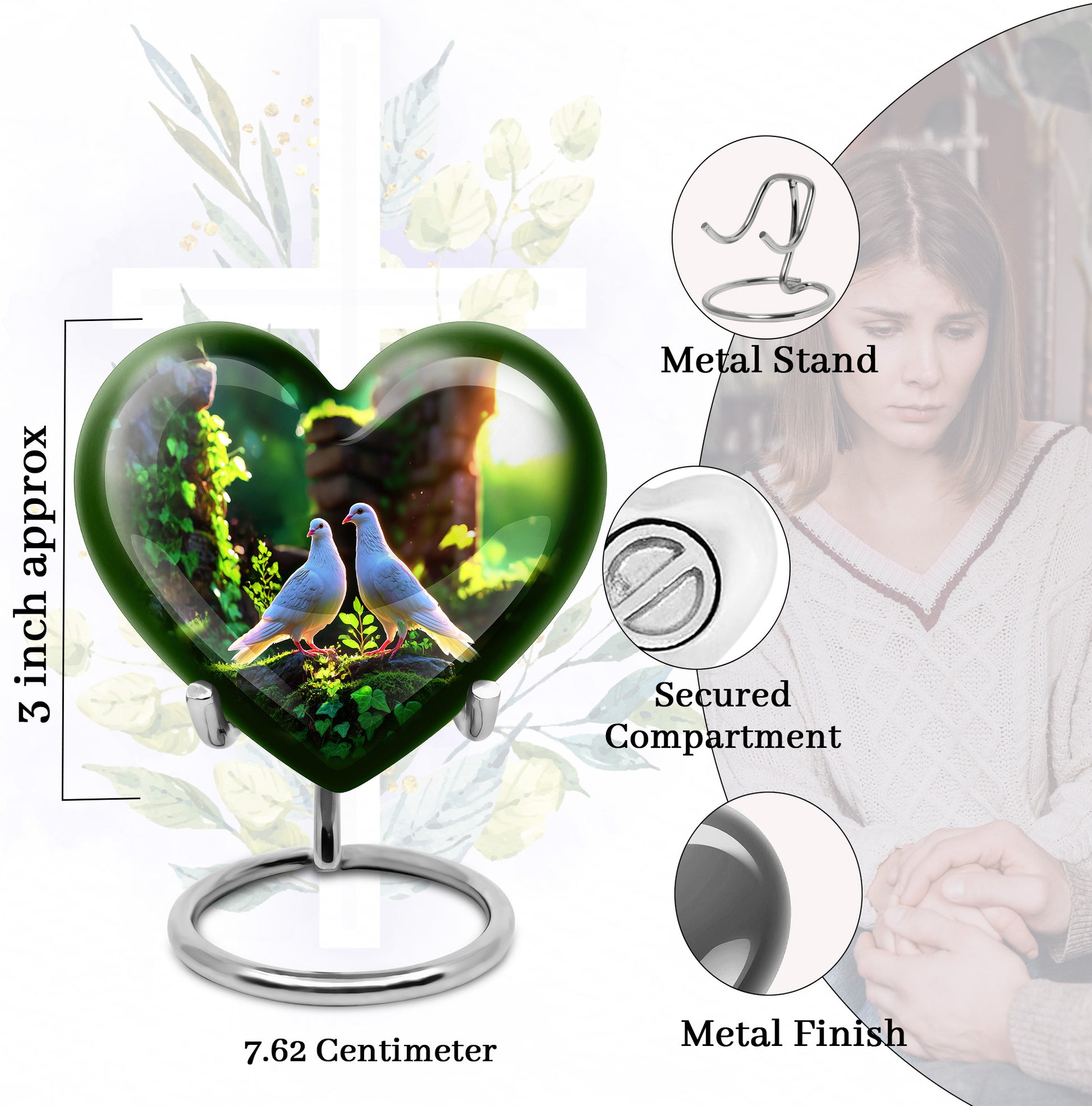 Pine Green Dove Cremation Urn front view showing detailed design - compassionate heart-dove combination with gentle curves - mini keepsake memorial for portion of cremation ashes