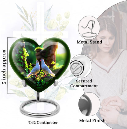 Pine Green Dove Cremation Urn front view showing detailed design - compassionate heart-dove combination with gentle curves - mini keepsake memorial for portion of cremation ashes