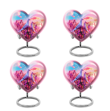 Cornflower Blue Dove Cremation Urn angled view of lid and engraved motif - romantic heart urn with dove motif on aluminum - 10 inch aluminum urn for cremated remains