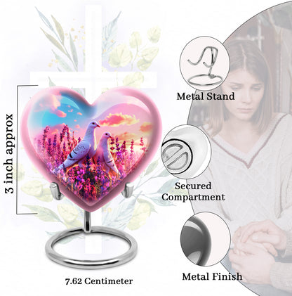 Cobalt Blue Dove Cremation Urn front view showing detailed design - romantic heart urn with dove motif on aluminum - mini keepsake memorial for portion of cremation ashes
