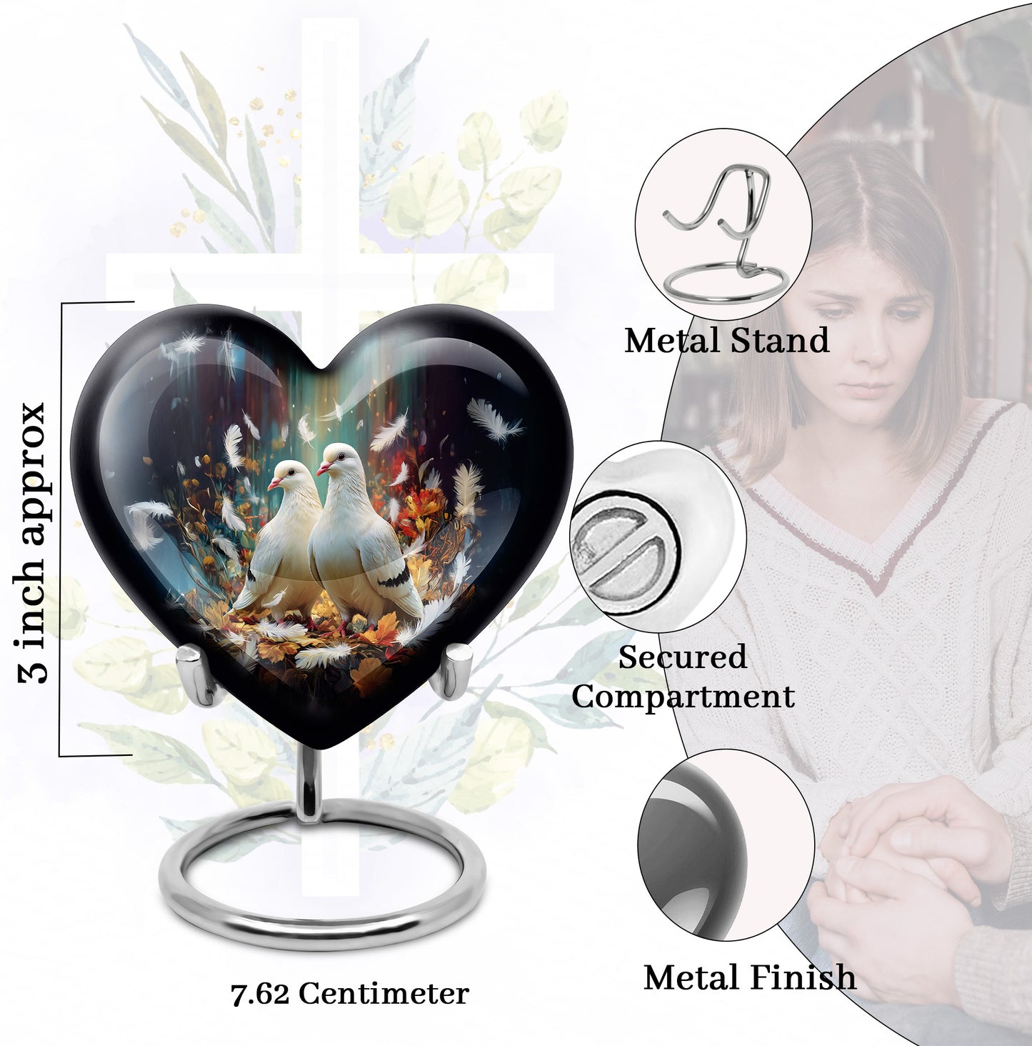 Deep Black Dove Cremation Urn front view showing detailed design - heart-shaped dove design symbolizing eternal love - mini keepsake memorial for portion of cremation ashes